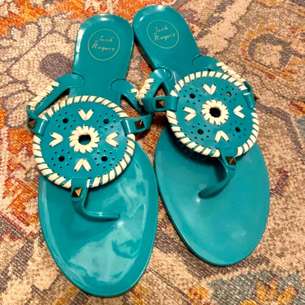 Jack Rogers jelly rubber Beach sandals thong flats turquoise white size 10